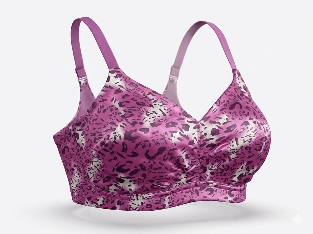 Catherines Women Bra 44DD Purple Leopard Print T-Shirt Wireless Strap Adjustable